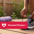 Person tying a shoe with a purple yoga mat and 'Personal Fitness I' label in the foreground.