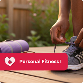 Person tying a shoe with a purple yoga mat and 'Personal Fitness I' label in the foreground.
