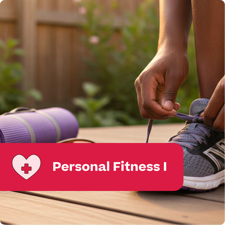 Person tying a shoe with a purple yoga mat and 'Personal Fitness I' label in the foreground.