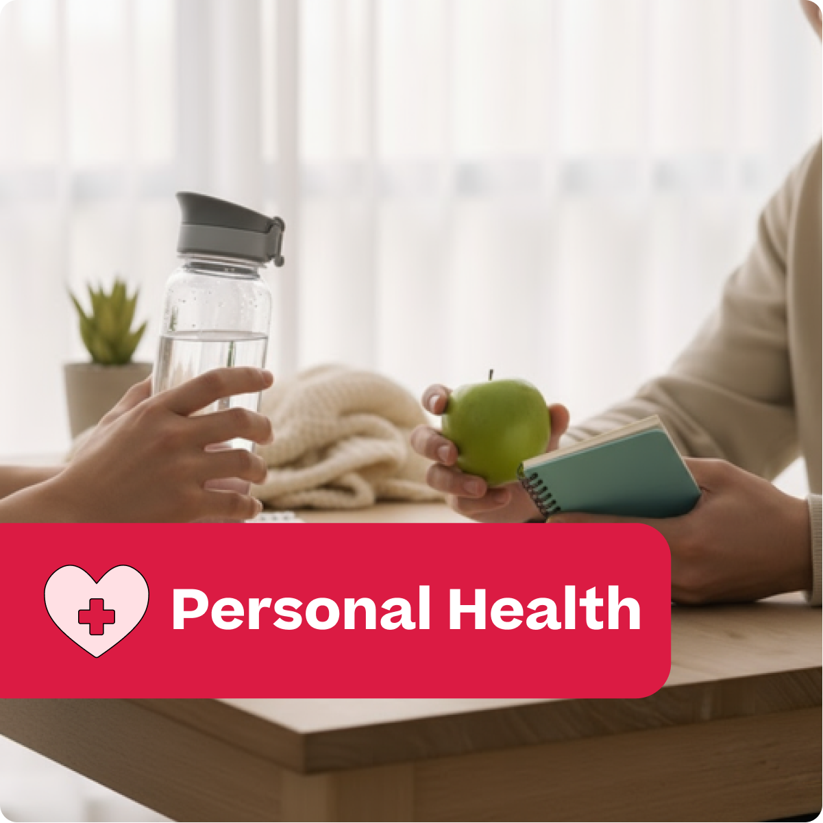 Two hands holding a water bottle and an apple with a 'Personal Health' label in the foreground.