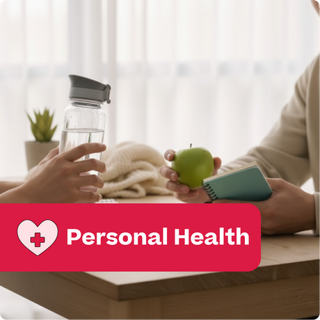 Two hands holding a water bottle and an apple with a 'Personal Health' label in the foreground.