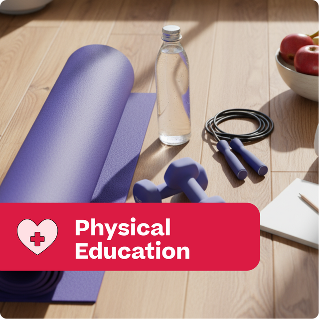 Fitness items including a purple yoga mat, water bottle, dumbbells, and jump rope on a wooden floor with 'Physical Education' text.