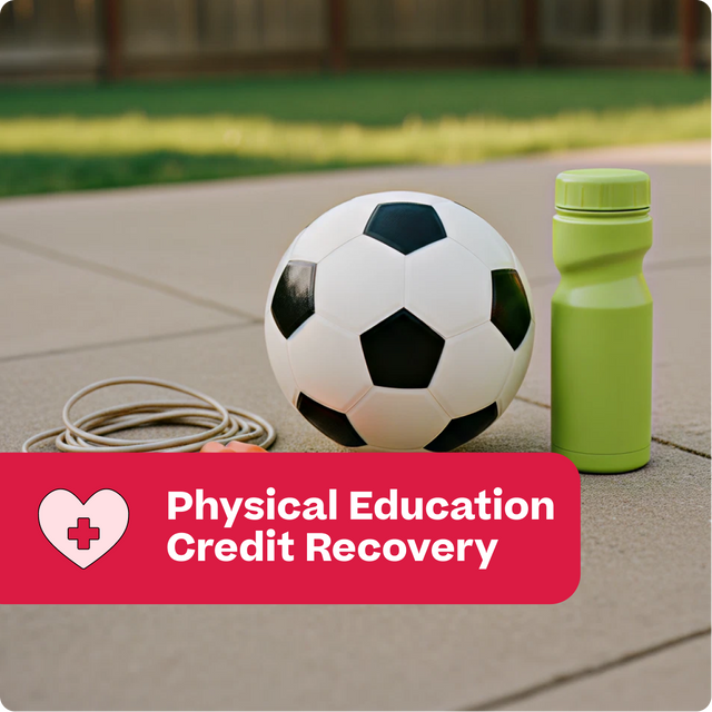 Soccer ball and green water bottle on a concrete surface with 'Physical Education Credit Recovery' text overlay.