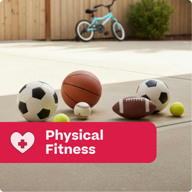 Sports balls including soccer ball, basketball, and football on a concrete surface with a bike in the background.