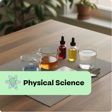 Science experiment setup on a table with beakers, bottles, and water, labeled 'Physical Science'.