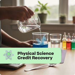 Person conducting a science experiment with beakers and a text overlay about physical science credit recovery.