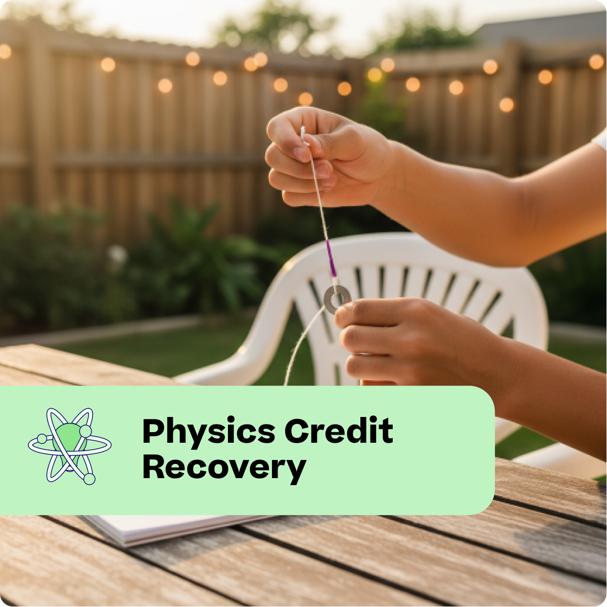 Person holding a string with a coin on a wooden table outdoors, with 'Physics Credit Recovery' text overlay.