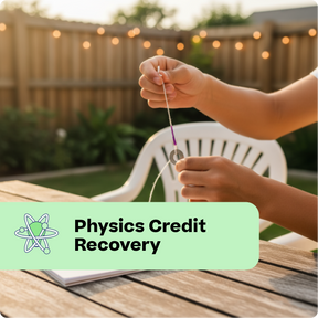 Person holding a string with a coin on a wooden table outdoors, with 'Physics Credit Recovery' text overlay.