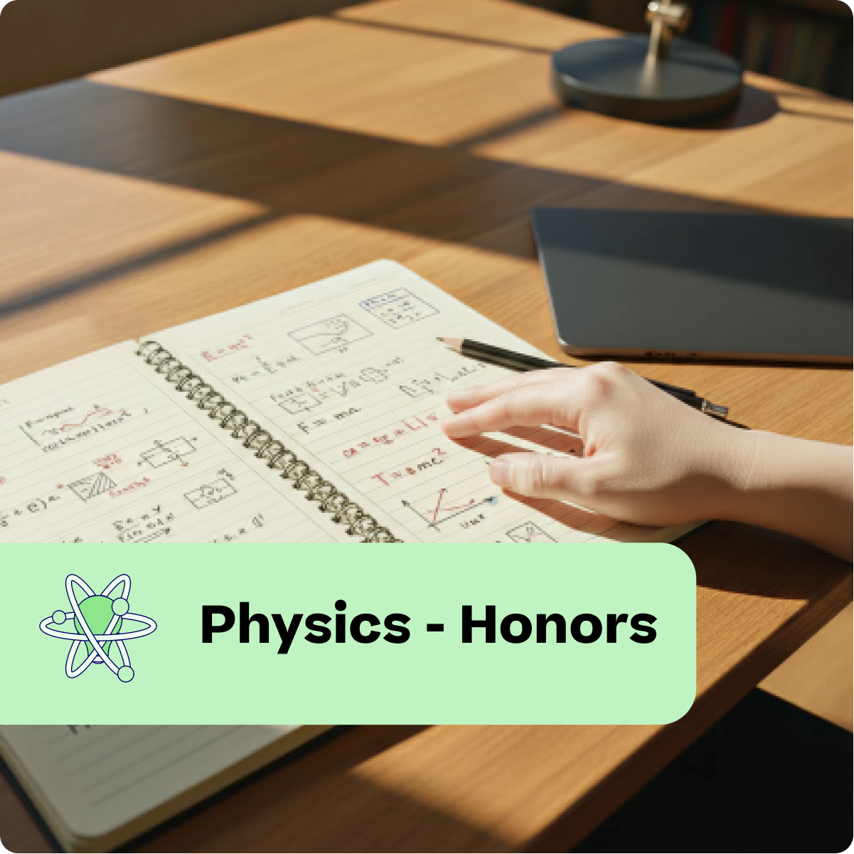 Person studying physics honors with a notebook on a wooden desk
