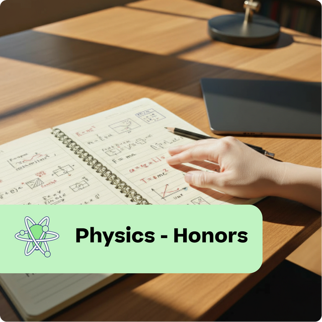 Person studying physics honors with a notebook on a wooden desk