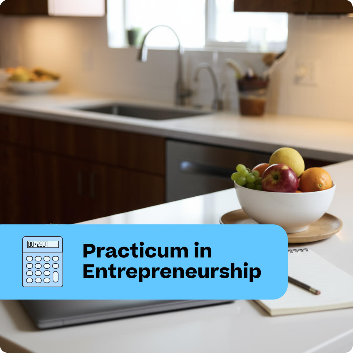 Kitchen counter with a bowl of fruit, calculator, and notebook, labeled 'Practicum in Entrepreneurship'.
