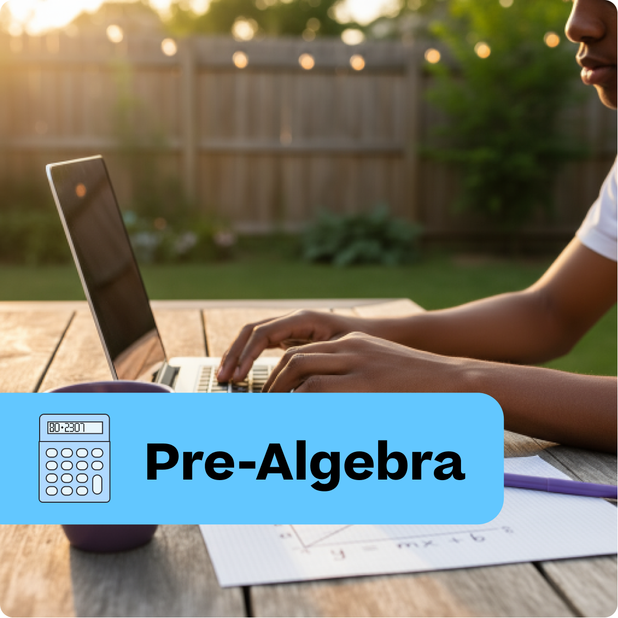 Person using a laptop with 'Pre-Algebra' text and calculator icon on a wooden table outdoors.