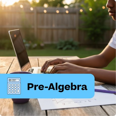 Person using a laptop with 'Pre-Algebra' text and calculator icon on a wooden table outdoors.