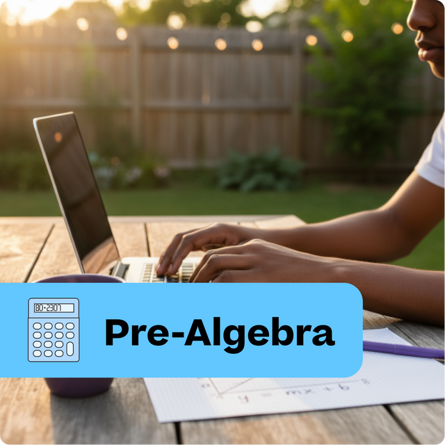 Person using a laptop with 'Pre-Algebra' text and calculator icon on a wooden table outdoors.