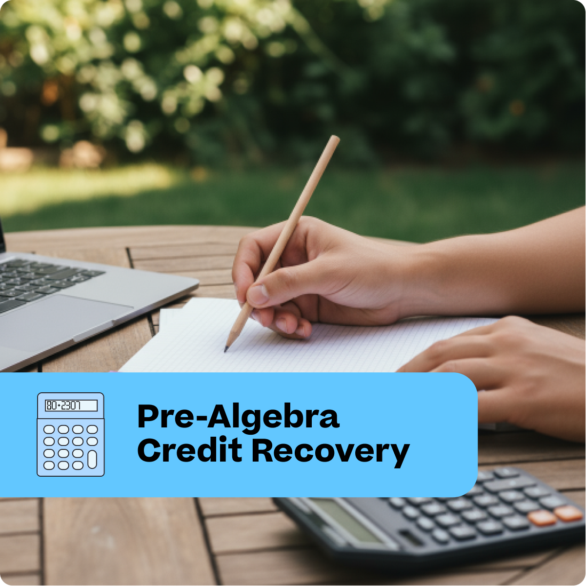 Person studying pre-algebra with a laptop, calculator, and notebook outdoors.