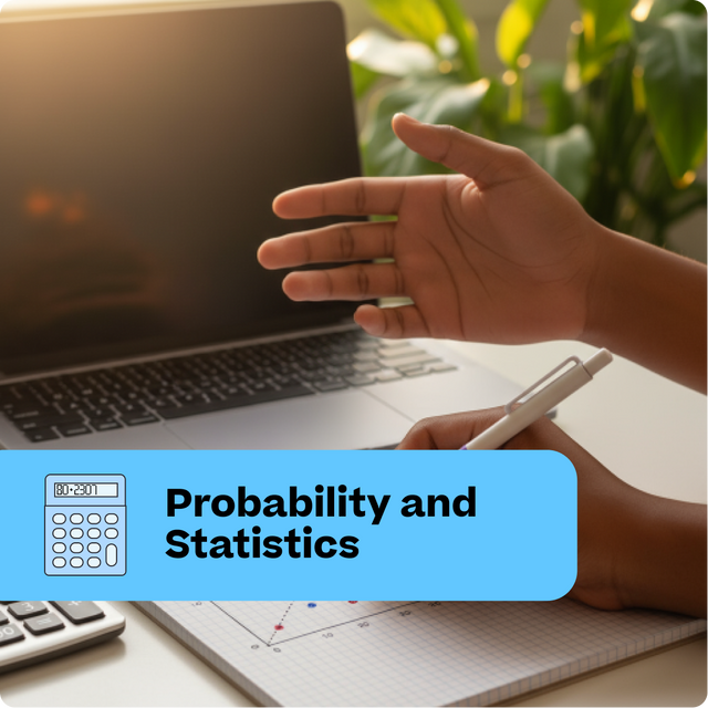 Person using a laptop with a calculator and graph paper, indicating a focus on probability and statistics.