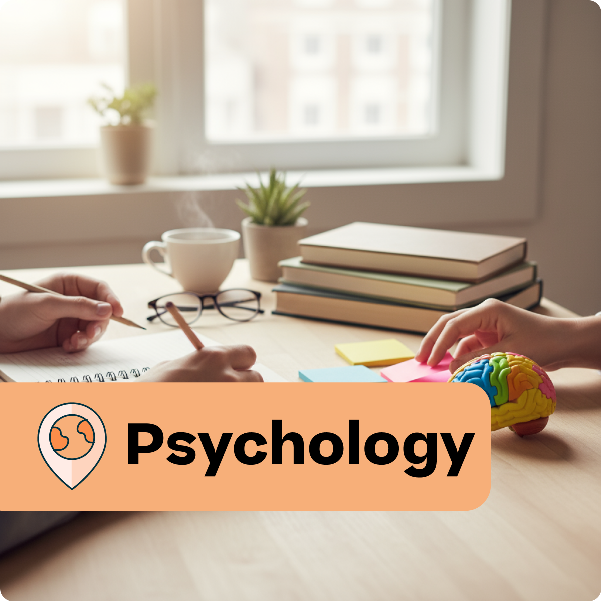 Two people working on psychology-related activities with books, a brain model, and a notebook.