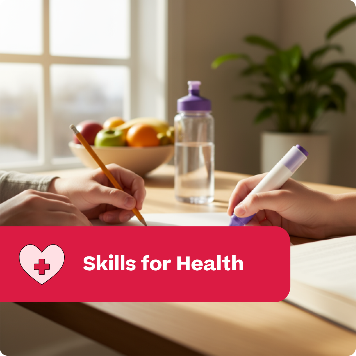 Two people writing in a notebook with a 'Skills for Health' banner at the bottom.