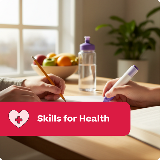 Two people writing in a notebook with a 'Skills for Health' banner at the bottom.