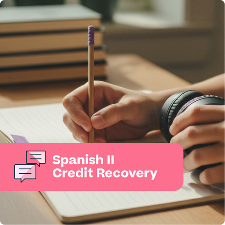Person holding a pen with a pink banner displaying 'Spanish II Credit Recovery' on a blurred background of books and a desk.