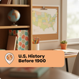 Educational setting with a map of the United States, globe, and books on a shelf.