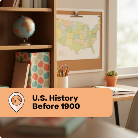 Educational setting with a map of the United States, globe, and books on a shelf.
