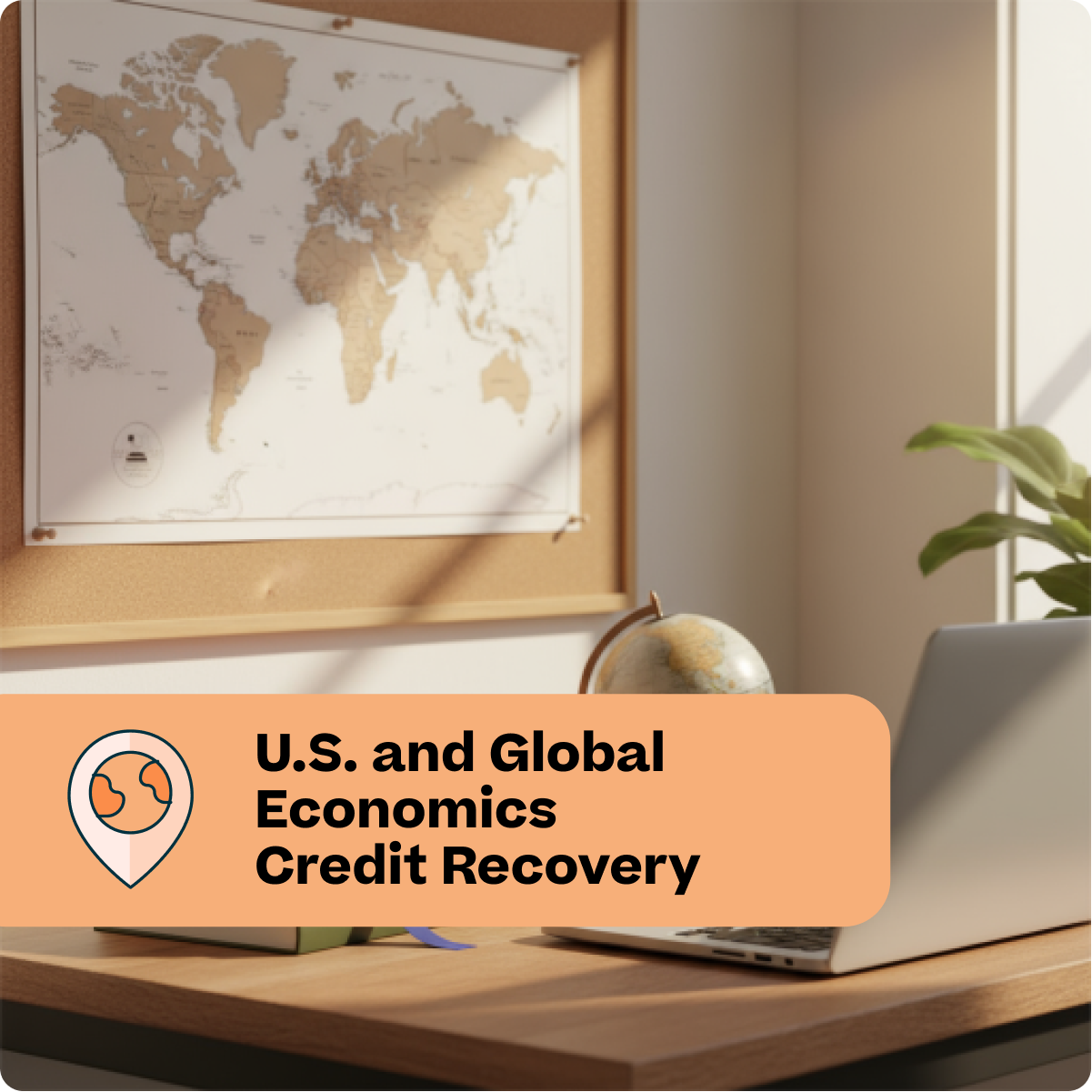 Desk with world map, laptop, and decorative items with an overlay text about U.S. and Global Economics Credit Recovery.