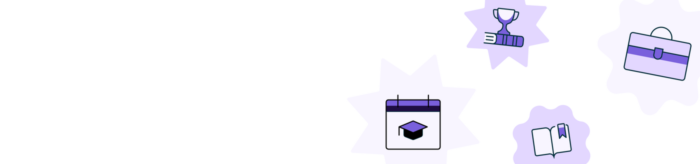Set of icons including a graduation cap, trophy, briefcase, calendar, and book on a light purple background.