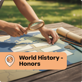 Person using a magnifying glass on a world map with text 'World History - Honors' at the bottom.