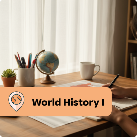 Study setup with books, pens, a globe, and a mug on a desk with 'World History I' label.