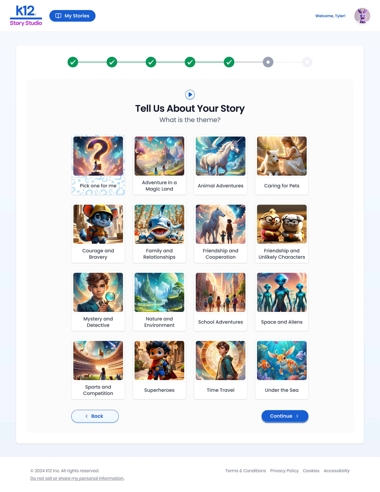 Storytelling platform interface with character selection options for children's stories.
